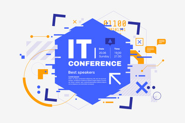 Invitation banner to the information technology conference. IT webinar invitation design. Announcement poster concept in digital glitch style. Futuristic background with place for text. Vector eps 10.