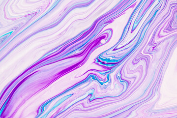 Fluid art texture. Backdrop with abstract iridescent paint effect. Liquid acrylic picture with flows and splashes. Mixed paints for posters or wallpapers. Purple, blue and white overflowing colors.