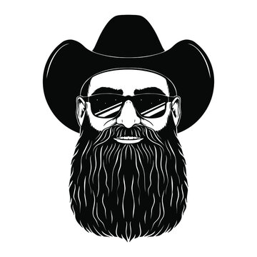 A man with a long beard in sun glasses and a cowboy hat. Clipart vector