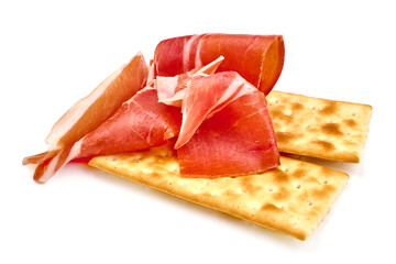 Serrano ham, jerked jamon slices, isolated on white background. High resolution image.