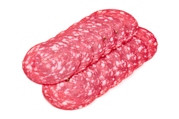 Smoked Salchichon sausage, isolated on white background. High resolution image.