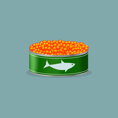 A metal can of red salmon caviar. Luxury caviar of red fish. Packaging. Russian delicacy. Vector illustration. Isolated.