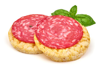 Spanish salchichon, cured sausage, isolated on white background. High resolution image.