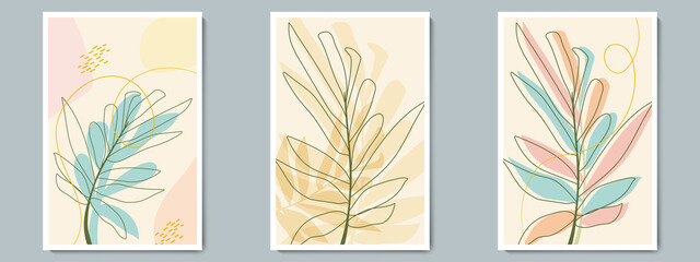 Botanical wall art Vector Contour Poster Set. Minimalist Pink, Blue foliage with Abstract Simple Shape. Natural background for Social media, Wallpaper, wall decoration, Postcard, Brochure cover design