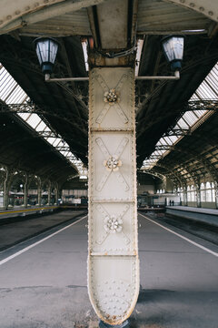 Saint-Petersburg, Russia, 08 September 2020: Indoor architecture decor and main platform at Vitebsk Railway Station.