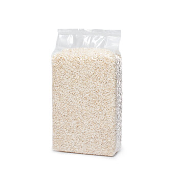 White Rice In Vacuum Sealed Plastic Bag On White Background. Rice Packaging Blank Mockup