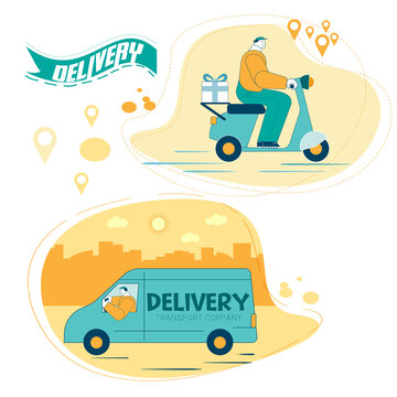Characters of the delivery service, in the car of a transport company. Online delivery service concept, online order tracking, delivery home and office.