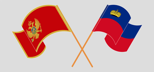 Crossed and waving flags of Montenegro and Liechtenstein