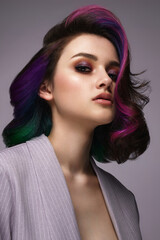 Beautiful woman with multi-colored hair and classic make up and hairstyle. Beauty face.