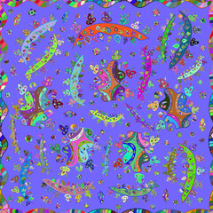 Fototapeta na wymiar Seamless pattern with interesting doodles on colorfil background.