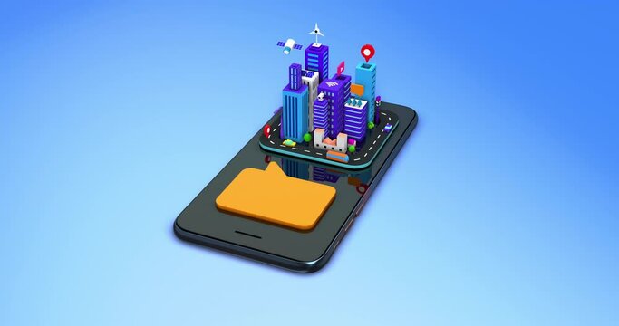 Isometric 3D Futuristic Smart City On Smart Phone. Online Chat Symbol. Technology Related 3D 4K Motion Graphics.