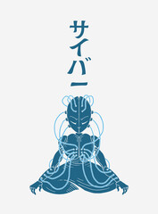 Futuristic humanoid robot with cyber message in japanese