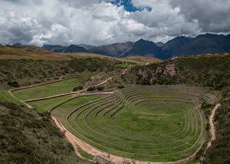 Inca agricultural fields under a cloudy day in moray 