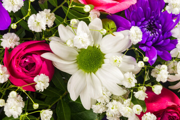 Background for a greeting card - beautiful gift bouquet of various colorful decorative summer flowers