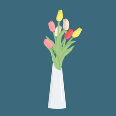 Bouquet of Beautiful Bright Tulips in  Vase. Decorative floral design elements. Floral and Interior design concept. Vector Illustration Isolated on dark blue background.