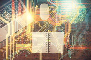 Double exposure of map hologram drawing over study table background with computer. Concept of international network. Top view.