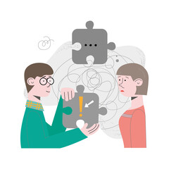 Obraz na płótnie Canvas Couple, people, team are problem solving, looking for solution to the task. Concept vector illustration with puzzles