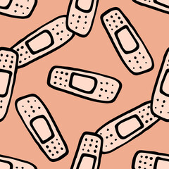 Vector seamless patch pattern of nude light skin color with black outline and dots drawn by hand, randomly repeated on a solid background for a package design template