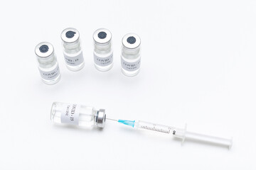 Bottles with coronavirus vaccine, developed for protection against COVID-19. Prevention disease with vaccination injection treatment, syringe