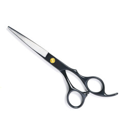 professional hairdresser black scissors isolated on white. Black barber scissors, close up. flat lay