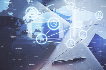 Double exposure of social network theme drawing over table with phone. Top view. People connecting concept.