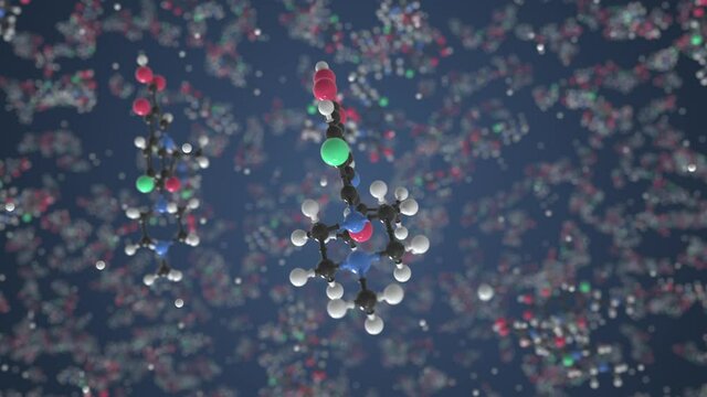 Molecule of Ofloxacin. Molecular model, looping seamless 3d animation