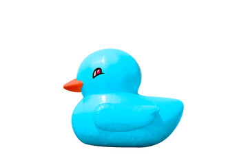 Cute Giant inflatable Light Blue Duck. Trendy summer concept. Pool float party, isolated on white. Clipping path included. Red eye