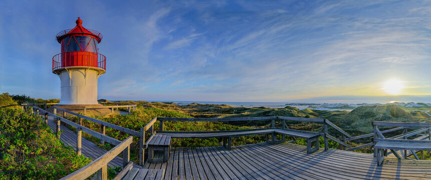 Panorama view of coastal landscape at North sea from orientation and vantage point, Isle Amrum,Schleswig-Holstein, Germany. Stunning view from Wadden Sea coastline with sandy beach. 