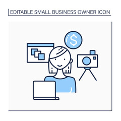 Stock photographer line icon. Woman takes photos for stock agencies. Sell works for clients. Small business owner concept. Isolated vector illustration. Editable stroke