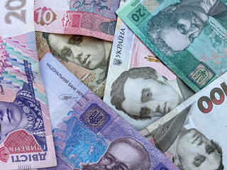 Ukrainian money texture from different notes.Ukraine currency.