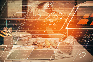 Double exposure of data theme drawing and office interior background. Concept of technology.