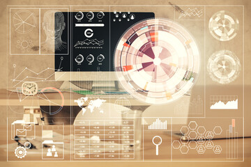 Multi exposure of data theme drawing and office interior background. Concept of technology.