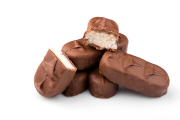 chocolate bar on a white background. bounty bars close-up.