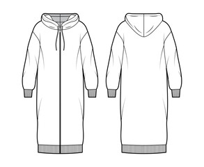 Dress zip-up hoody technical fashion illustration with long sleeves, rib cuff oversized body, knee length skirt. Flat apparel front, back, white color style. Women, men unisex CAD mockup