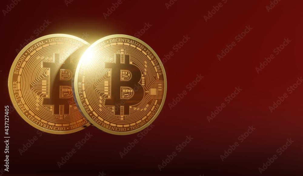 Poster 3d rendering of two bitcoins on a red background