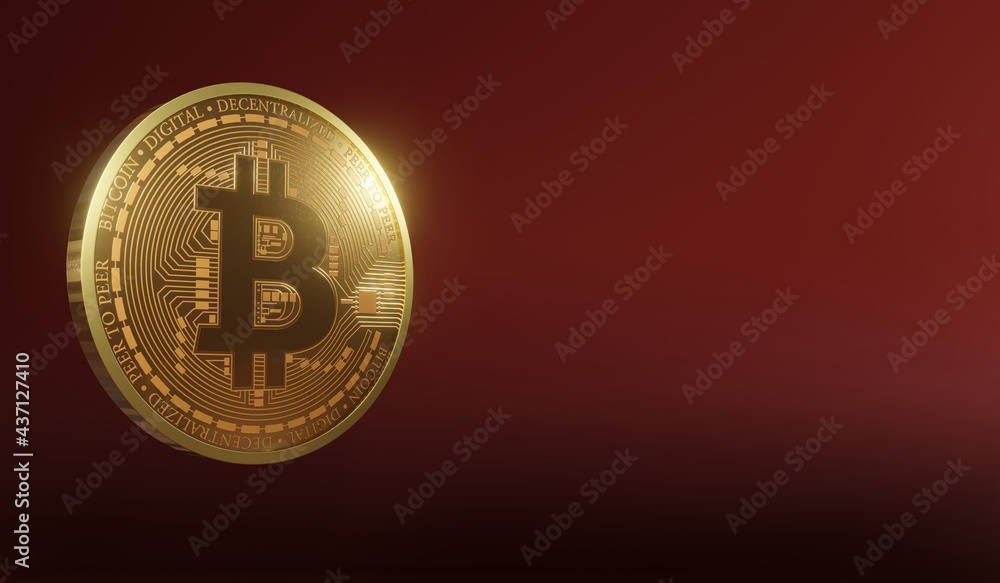 Poster 3d rendering of a bitcoin on a red background