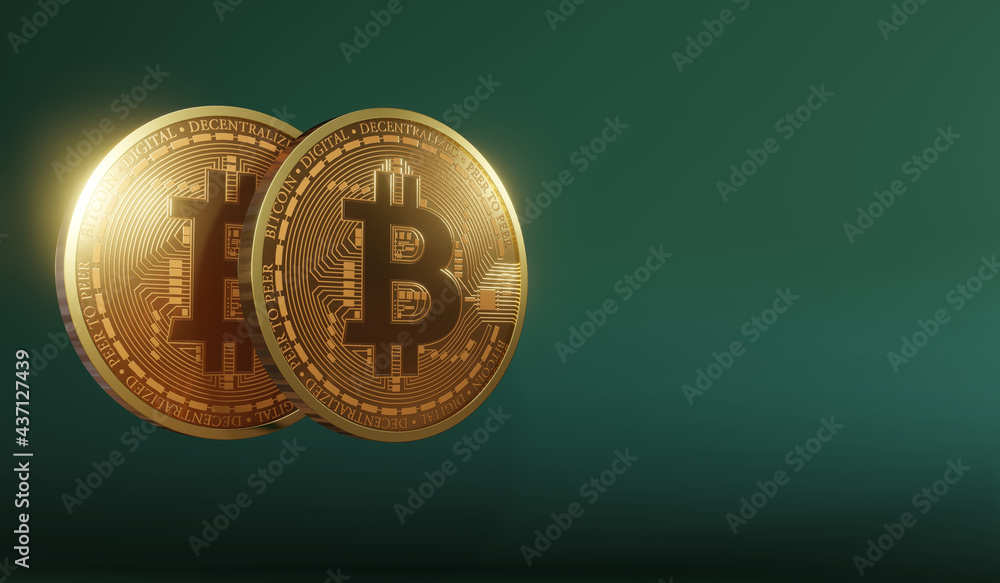Poster 3d rendering of two bitcoins on a green background