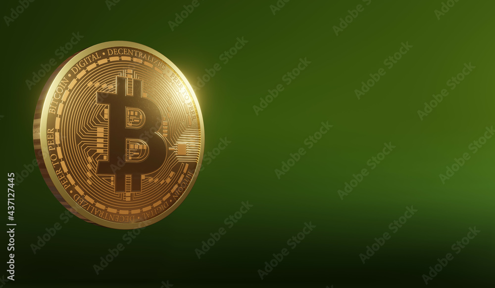 Poster 3d rendering of a bitcoin on a green background