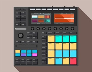 Realistic controller for vector electronic music production. USB device for connecting to a computer. Technique for DJs and live performances. MIDI interface for musicians. Night clubs theme.  