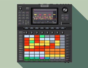 Realistic controller for vector electronic music production. USB device for connecting to a computer. Technique for DJs and live performances. MIDI interface for musicians. Night clubs theme.  