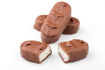 chocolate bar on a white background. bounty bars close-up.
