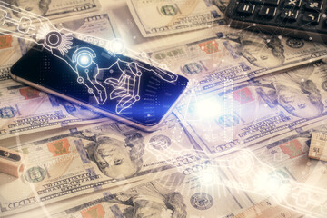 Double exposure of data theme drawing over us dollars bill background. Technology concept.