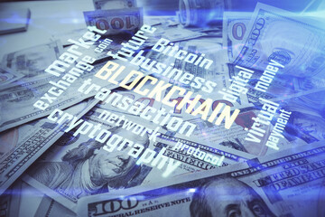 Fototapeta premium Multi exposure of crypto theme drawing over us dollars bill background. Concept of blockchain success.