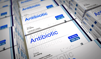 Antibiotic medicine box pack production 3d illustration