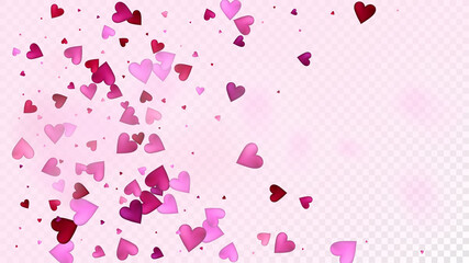 Flying Hearts Vector Confetti. Valentines Day Wedding Pattern. Beautiful Pink Glitter Valentines Day Decoration with Falling Down Hearts Confetti. Trendy Gift, Birthday Card, Poster Background