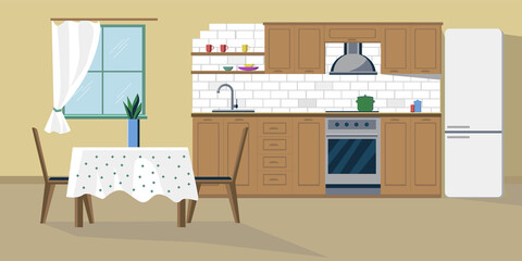 illustration of a kitchen with a kitchen set and a table