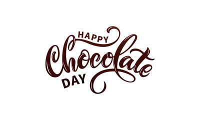 Happy chocolate day handwritten text isolated on white background for  World Chocolate Day. Modern brush ink calligraphy. Hand lettering for poster, postcard, label, sticker, logo. Vector illustration