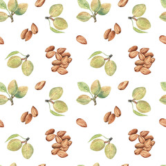 Seamless pattern with green (unripe) and brown (ripe) almond nuts on white isolated background. Watercolor hand drawn elements. Cute and fresh design for summer farmhouse style. 