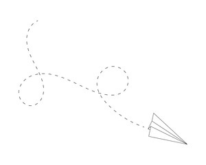 Outline paper plane with line of path. Popular symbol of delivery, communication, travel, imagination, creativity, dreaming. Vector linear illustration.