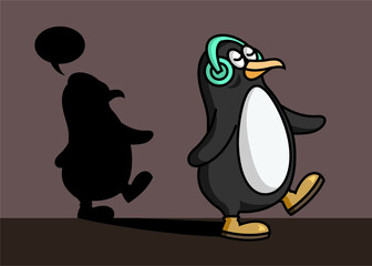 Vector illustration of a walking penguin character wearing earphones.
